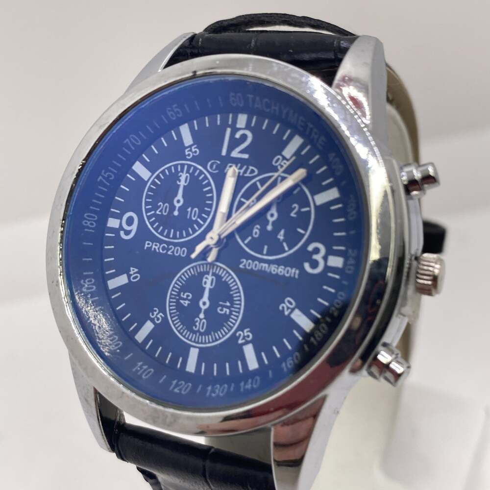 Mens Black Leather Watch Works New Battery